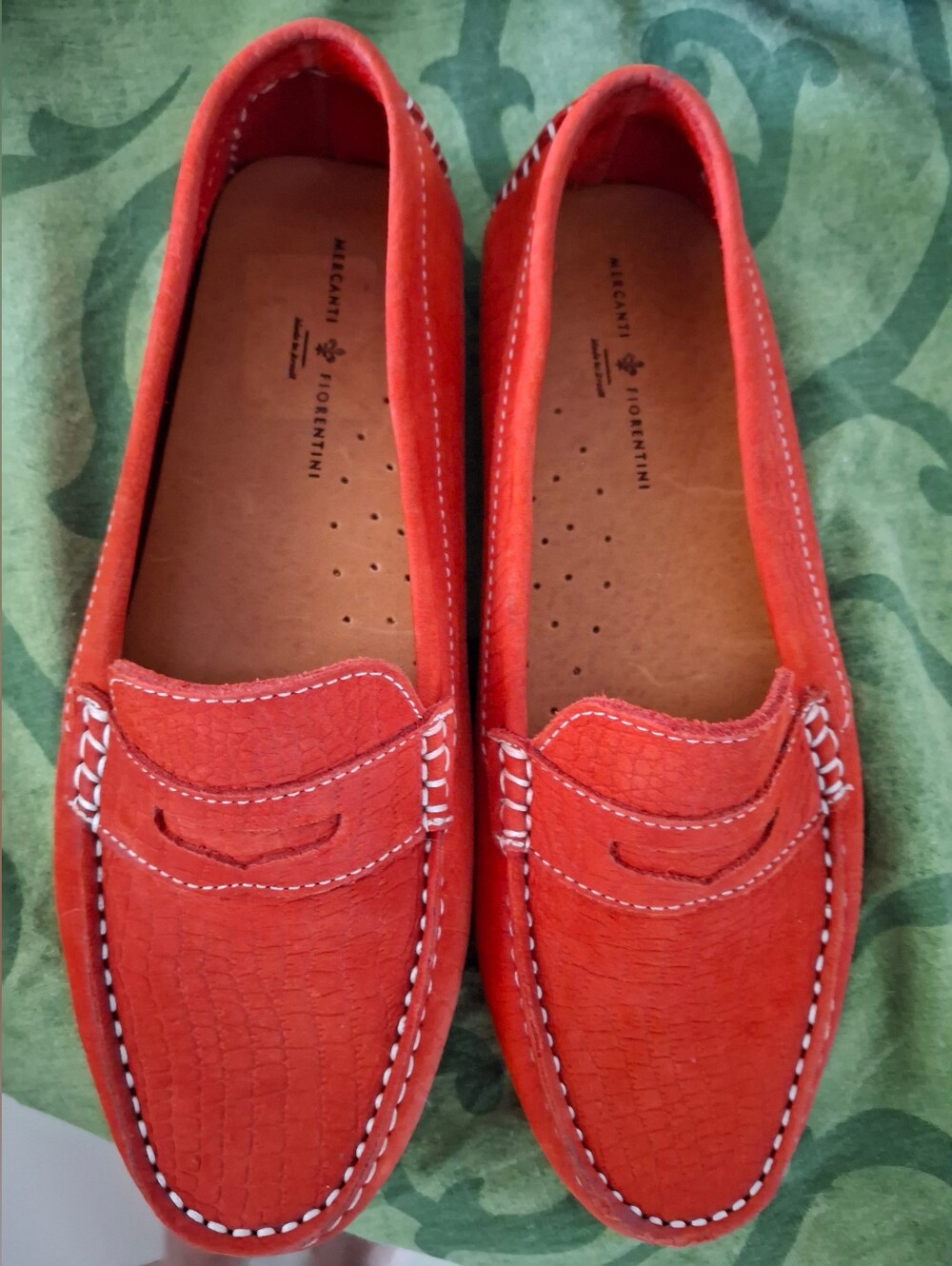Mercanti Fiorentini Womens  Orange-Red Suede Penny Loafers